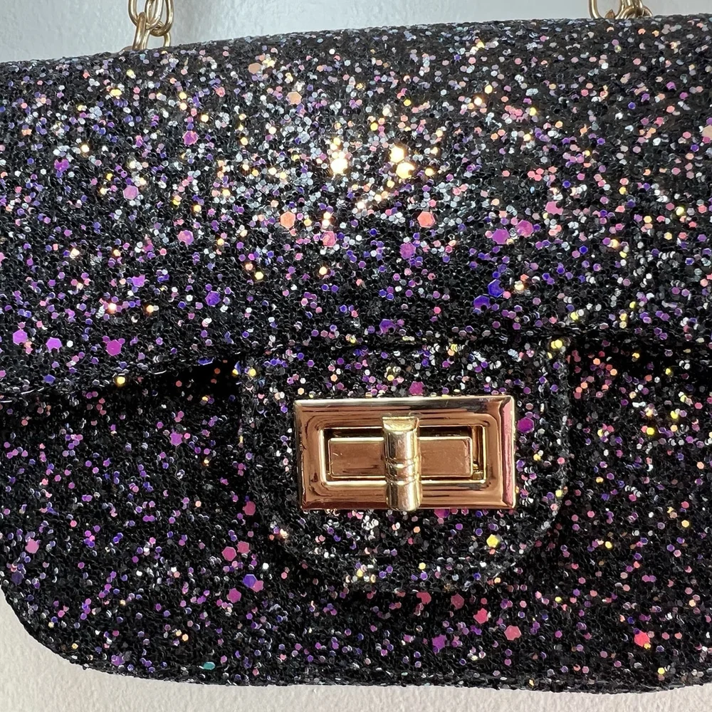 Midnight Glitter Micro Crossbody Purse Metal Chain Glitzy Festival Glam